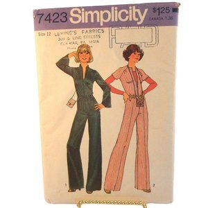 1976 Simplicity 7423 RETRO Zip Front Jumpsuit Ribbon Purse UNCUT Misses Size 12